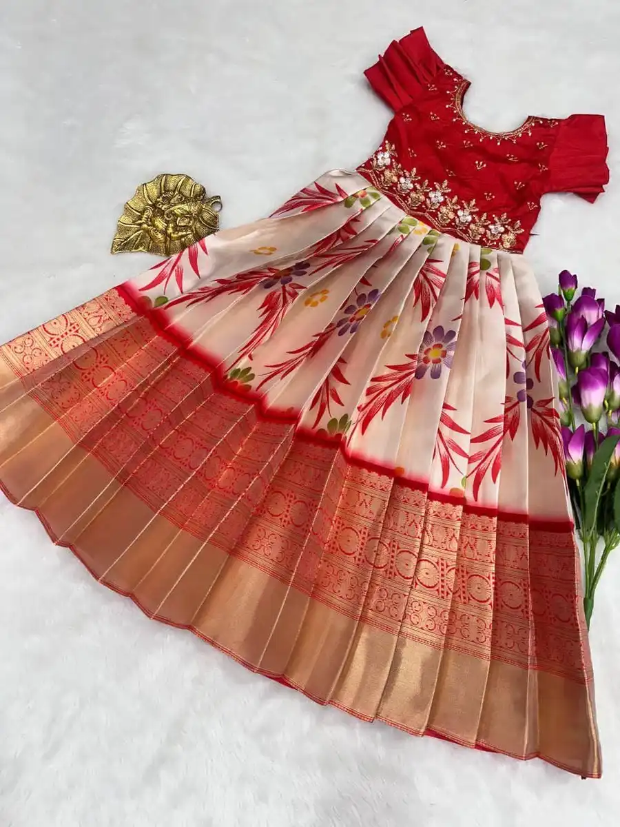 1NEW ARRIVAL SILK HANDWORK AND DIGITAL PRINT WORK BORDER PURE ZARI WEAVING WORK KID'S GOWN WEDDING WEAR WHOLESALE PRICE ETHNIC GARMENT (13)