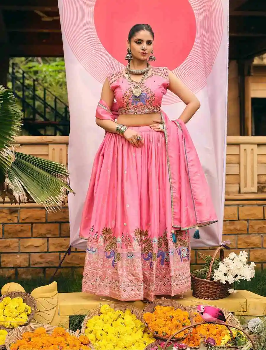 1RICH LOOK SHIMMER EMBROIDERY WORK LEHENGA CHOLI WITH DUPATTA WEDDING WEAR WHOLESALE PRICE ETHNIC GARMENT (4)