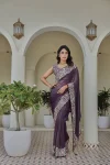 RICH LOOK SILVER CRUNCHY THREAD & SEQUENCE EMBROIDERY WORK WITH LATAKAN WORK SAREE WITH UNSTITCHED BLOUSE PURPLE