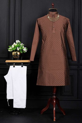 TRENDING JACQUARD PRINTED WORK MEN'S KURTA PAYJAMA BROWN