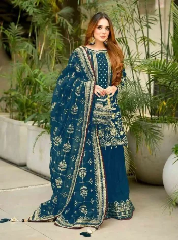 DESIGNER GEORGETTE EMBROIDERY SEQUENCE WITH RIVET MOTI WORK TOP PALAZZO WITH DUPATTA TEAL