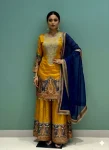 FANCY CHINON SILK EMBROIDERY ,SEQUENCE WORK AND DIGITAL PRINT WITH REAL MIRROR HAND WORK TOP PALAZZO WITH DUPATTA YELLOW