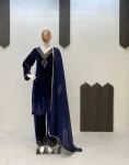 NEW ARRIVAL VELVET SEQUENCE EMBROIDERY WORK TOP BOTTOM WITH DUPATTA NAVY BLUE