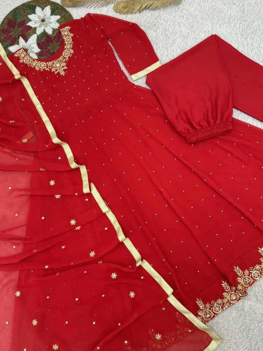 26DESIGNER GEORGETTE EMBROIDERY SEQUENCE WORK ANARKALI BOTTOM WITH DUPATTA WEDDING WEAR WHOLESALE PRICE ETHNIC GARMENT (1)