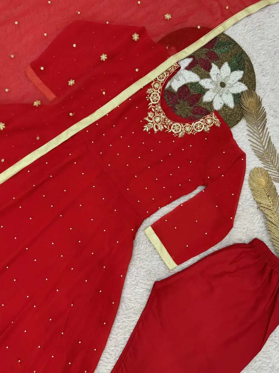 26DESIGNER GEORGETTE EMBROIDERY SEQUENCE WORK ANARKALI BOTTOM WITH DUPATTA WEDDING WEAR WHOLESALE PRICE ETHNIC GARMENT (2)