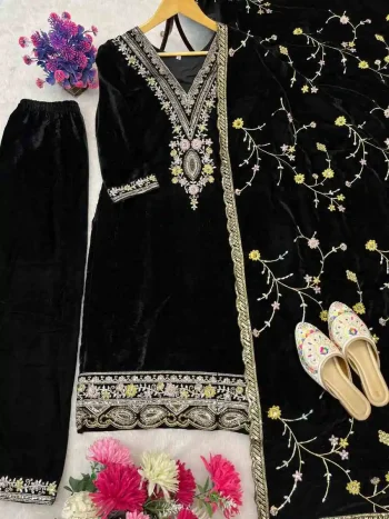 DESIGNER VISCOSE VELVET EMBROIDERY SEQUENCE WORK TOP BOTTOM WITH DUPATTA BLACK