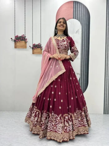 DESIGNER VICHITRA SILK EMBROIDERY THREAD & SEQUENCE WORK LEHENGA CHOLI WITH DUPATTA MAROON