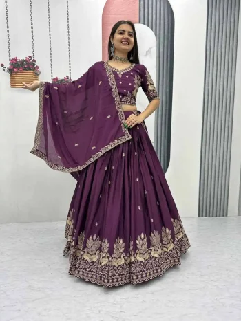 MODERN CHINON EMBROIDERY THREAD WORK LEHENGA CHOLI WITH DUPATTA WINE