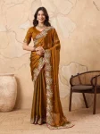 ATTRACTIVE CHIFFON EMBROIDERY CUTWORK WORK ARCO BORDER WORK SAREE WITH UNSTITCHED BLOUSE MUSTARD