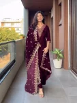 ATTRACTIVE VELVET SEQUENCE EMBROIDERY WORK TOP BOTTOM WITH DUPATTA WINE
