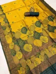 4DESIGNER BANARASI SILK FLOWERS AND MINA & ZARI WEAVING RICH PALLU WITH BORDER WORK SAREE WITH UNSTITCHED BLOUSE YELLOW