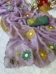 DESIGNER CRUNCHY HANDWORK AND PATCHWORK BORDER WITH FLOWAR WORK SAREE WITH UNSTITCHED BLOUSE LAVENDER
