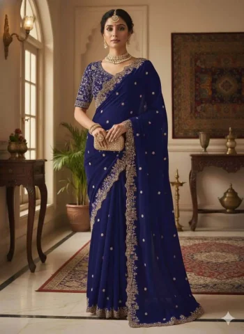 DESIGNER FENDY SATIN EMBROIDERY SEQUENCE WITH BORDER AND BUTTI WORK SAREE WITH STITCHED BLOUSE PURPLE