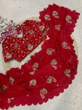 DESIGNER FENDY SATIN SILK HAND WORK WITH CUT WORK AARCO BORDER WORK SAREE WITH STITCHED BLOUSE RED