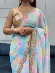 2DESIGNER GEORGETTE SHIBORI PRINT WITH CODING SEQUENCE RAINBOW LACE WORK SAREE WITH UNSTITCHED BLOUSE PARTY WEAR WHOLESALE PRICE ETHNIC GARMENT (6)