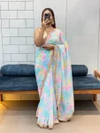 2DESIGNER GEORGETTE SHIBORI PRINT WITH CODING SEQUENCE RAINBOW LACE WORK SAREE WITH UNSTITCHED BLOUSE PARTY WEAR WHOLESALE PRICE ETHNIC GARMENT (6)