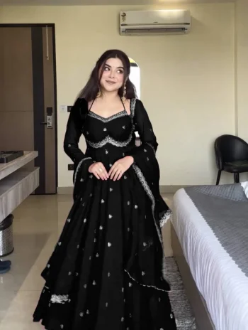 DESIGNER GEORGETTE THREAD WITH SEQUENCE WORK GOWN BOTTOM WITH DUPATTA BLACK