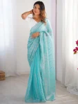 DESIGNER JIMMY CHOO CHIFFON SILK SEQUENCE WORK AND PALLU CUT WORK AND ARC CUT BORDER WORK SAREE WITH UNSTITCHED BLOUSE SKY