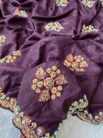 DESIGNER ROBIN HOOD ORIGINAL BEEDS WORK WITH FLORAL WORK SAREE WITH UNSTITCHED BLOUSE WINE
