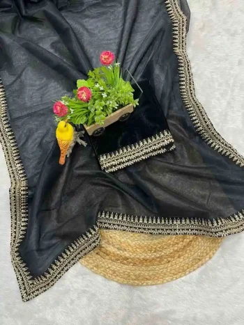 DESIGNER TWILL NET SEQUENCE WITH JARI DORI EMBROIDERY WORK VELVET LACE BORDER WORK SAREE WITH UNSTITCHED BLOUSE BLACK