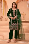 DESIGNER VELVET EMBROIDERY SEQUENCE WORK TOP BOTTOM WITH DUPATTA GREEN