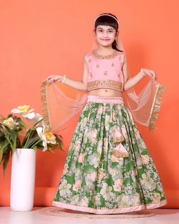 FANCY BANGLORI DIGITAL FLOWER PRINT WITH LACE BORDER WORK KID'S LEHENGA CHOLI WITH DUPATTA GREEN