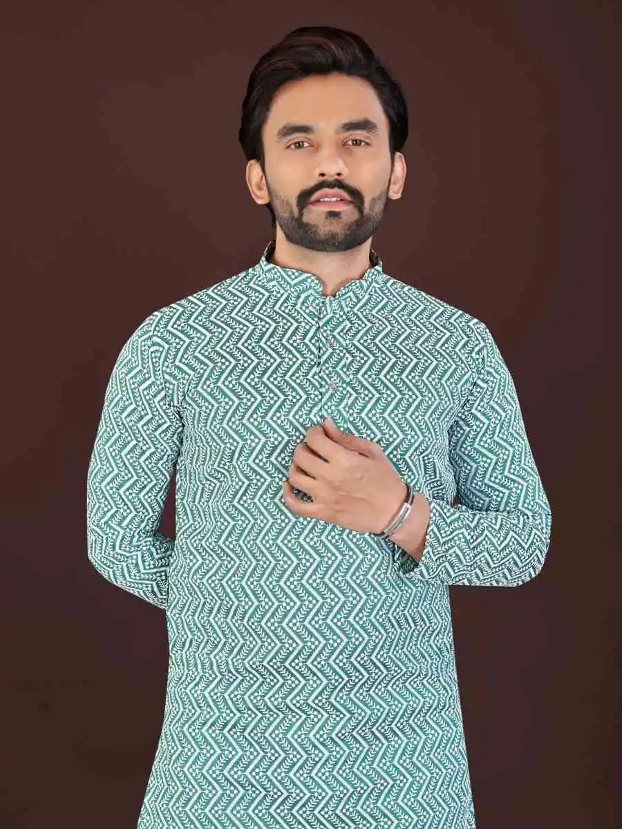 2FANCY COTTON BLEND HANDCRAFTED LUCKHNAWI CHIKANKARI WORK MEN'S KURTA PAYJAMA WEDDING WEAR WHOLESALE PRICE ETHNIC GARMENT (12)