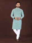 FANCY COTTON BLEND HANDCRAFTED LUCKHNAWI CHIKANKARI WORK MEN'S KURTA PAYJAMA RAMA
