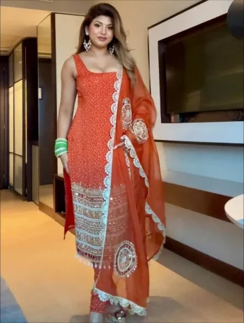 FANCY GEORGETTE PEARL MOTI & REAL MIRROR HAND WORK WITH EMBROIDERY WORK TOP BOTTOM WITH DUPATTA ORANGE