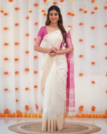 FANCY LINEN COTTON WEAVING WORK SAREE WITH UNSTITCHED BLOUSE PINK