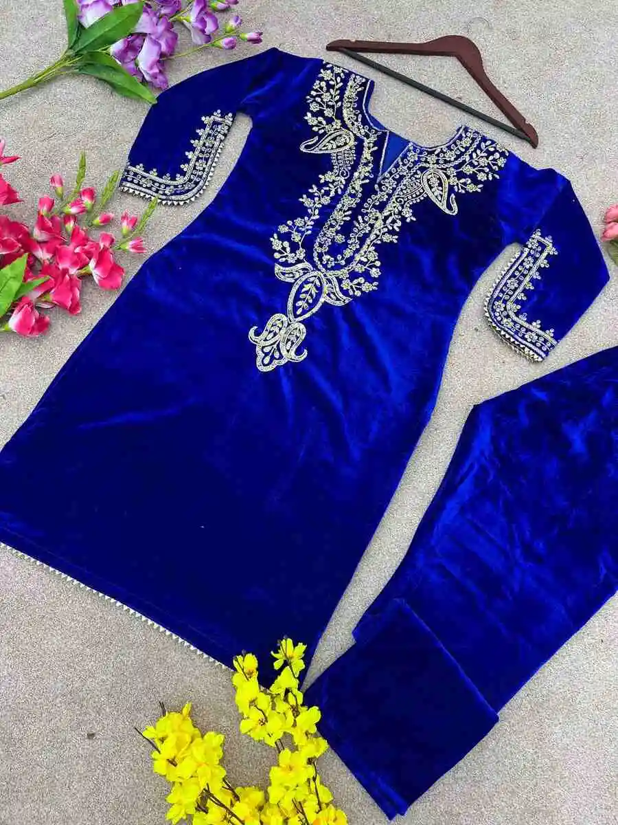 2FANCY VELVET EMBROIDERY SEQUENCE WORK TOP BOTTOM SET FESTIVE WEAR WHOLESALE PRICE ETHNIC GARMENT (8)