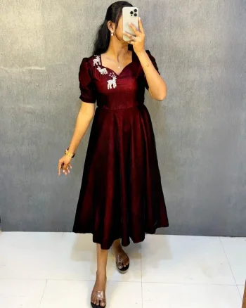 FANCY VELVET MAGGAM (AARI )WORK ONE PIECE DRESS MAROON