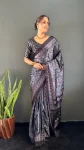 LATEST CREPE SILK PRINT WORK READY TO WEAR SAREE WITH UNSTITCHED BLOUSE GREY