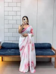 MODERN GEORGETTE HANDPAINT FLOWER PRINT PANEL WORK WITH CUT DANA HANDWORK SAREE WITH UNSTITCHED BLOUSE WHITE AND PINK