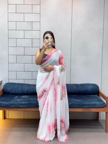 MODERN GEORGETTE HANDPAINT FLOWER PRINT PANEL WORK WITH CUT DANA HANDWORK SAREE WITH UNSTITCHED BLOUSE WHITE AND PINK