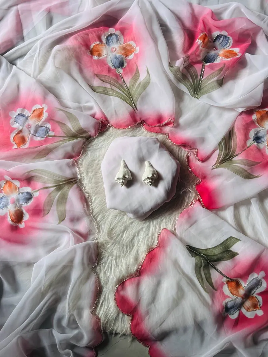 2MODERN GEORGETTE HANDPAINT FLOWER PRINT PANEL WORK WITH CUT DANA HANDWORK SAREE WITH UNSTITCHED BLOUSE PARTY WEAR WHOLESALE PRICE ETHNIC GARMENT (5)