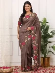 MODERN MANIPURI SILK THREAD WORK ON BORDER WITH CUTWORK SAREE WITH UNSTITCHED BLOUSE BROWN