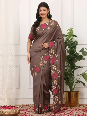MODERN MANIPURI SILK THREAD WORK ON BORDER WITH CUTWORK SAREE WITH UNSTITCHED BLOUSE BROWN
