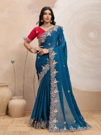 MOST PICKED SPACE SILK EMBROIDERY CUTWORK WORK AARC BORDER WORK SAREE WITH UNSTITCHED BLOUSE BLUE