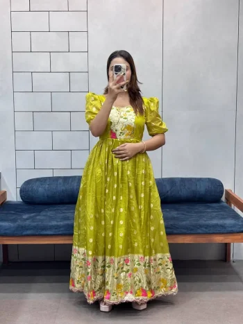 NEW ARRIVAL COSMOS JACQUARD PRINT WITH CODING SEQUENCE EMBROIDERY LACE WORK GOWN LEMON