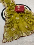 NEW ARRIVAL CRUSH SILK MULTI CODING DAGA & GOTA EMBROIDERY WORK BORDER SAREE WITH UNSTITCHED BLOUSE MUSTARD