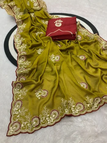 NEW ARRIVAL CRUSH SILK MULTI CODING DAGA & GOTA EMBROIDERY WORK BORDER SAREE WITH UNSTITCHED BLOUSE MUSTARD