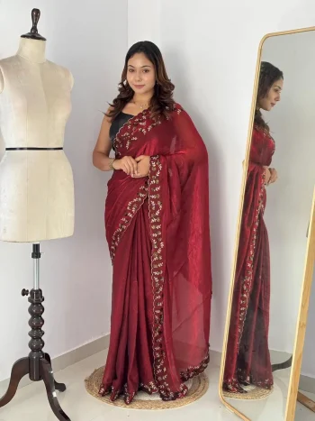 NEW ARRIVAL FENDY CHIFFON DIAMOND CUT DANA JHARKAN WORK WITH HANDWORK SEQUNCE BUTTA WORK SAREE WITH UNSTITCHED BLOUSE MAROON