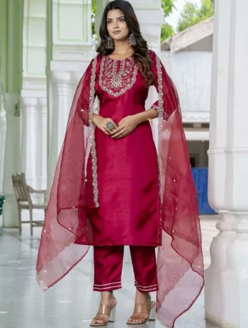 NEW ARRIVAL JALPARI SILK EMBROIDERY SEQUENCE WORK TOP BOTTOM WITH DUPATTA RED