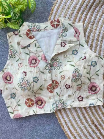 NEW ARRIVAL KHADI COTTON EMBROIDERY WORK STITCHED BLOUSE OFF WHITE AND BROWN