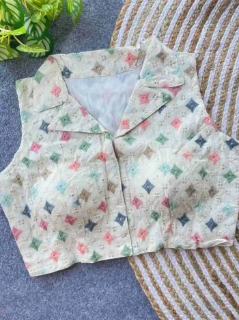 NEW ARRIVAL KHADI COTTON EMBROIDERY WORK STITCHED BLOUSE OFF WHITE AND MULTI