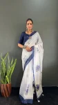 NEW ARRIVAL LINEN SILK DIGITAL PRINT WORK READY TO WEAR SAREE WITH UNSTITCHED BLOUSE NAVY BLUE