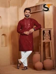 NEW ARRIVAL ROMAN SILK REAL MIRROR AND EMBROIDERY WORK MEN'S KURTA PAYJAMA MAROON