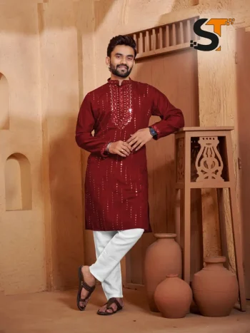 NEW ARRIVAL ROMAN SILK REAL MIRROR AND EMBROIDERY WORK MEN'S KURTA PAYJAMA MAROON