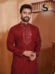 2NEW ARRIVAL ROMAN SILK REAL MIRROR AND EMBROIDERY WORK MEN’S KURTA PAYJAMA FESTIVE WEAR WHOLESALE PRICE ETHNIC GARMENT (1)